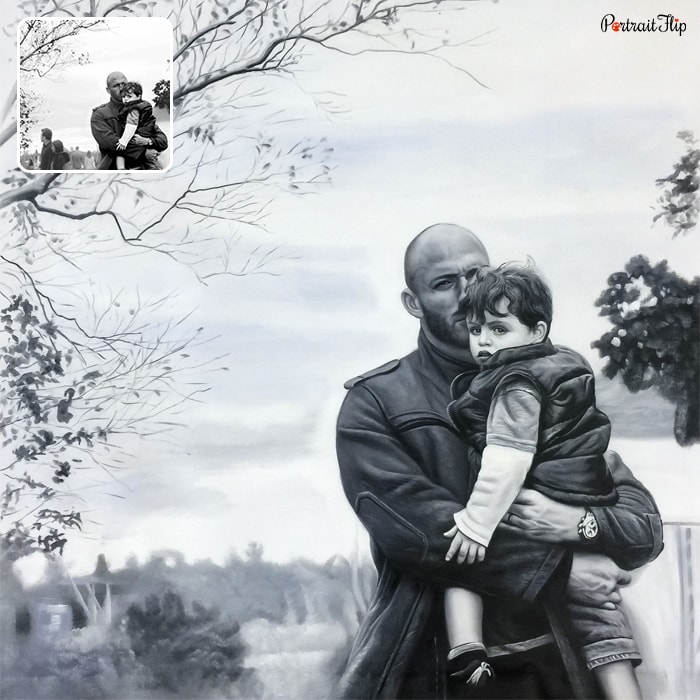 Black and white picture of a man holding a baby boy in his arms that is converted into oil paintings