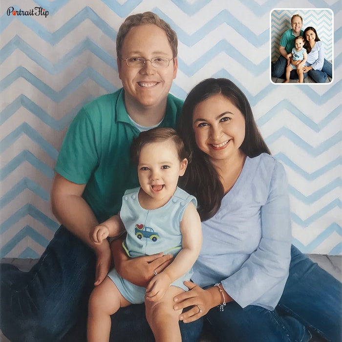 Picture of family where a man and woman are sitting with child on their lap that is converted into oil paintings