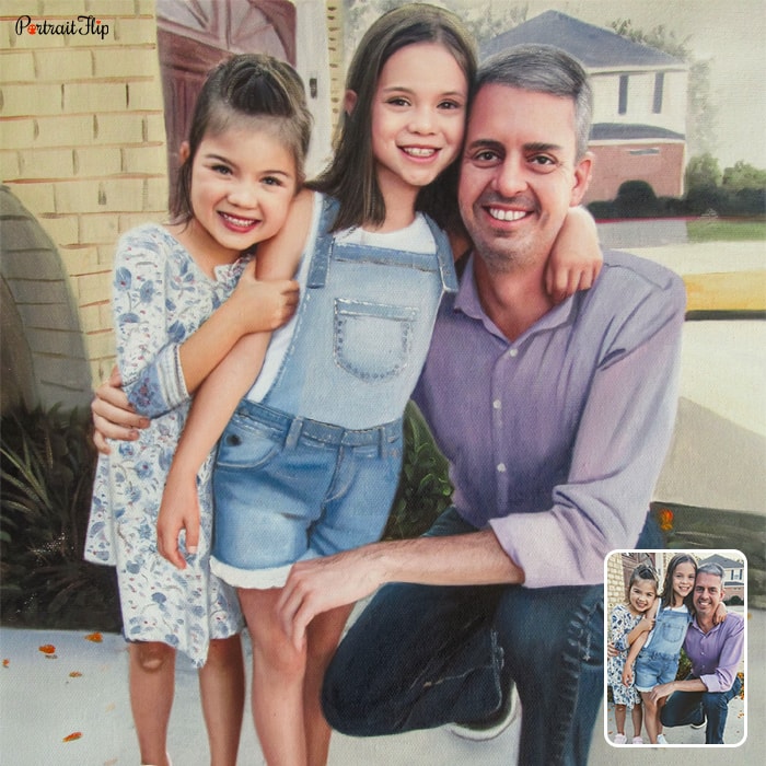 Picture of a man sitting with two young girls beside her that is converted into oil paintings