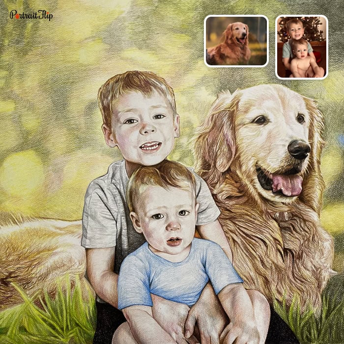 baby and dog colored pencil sketch