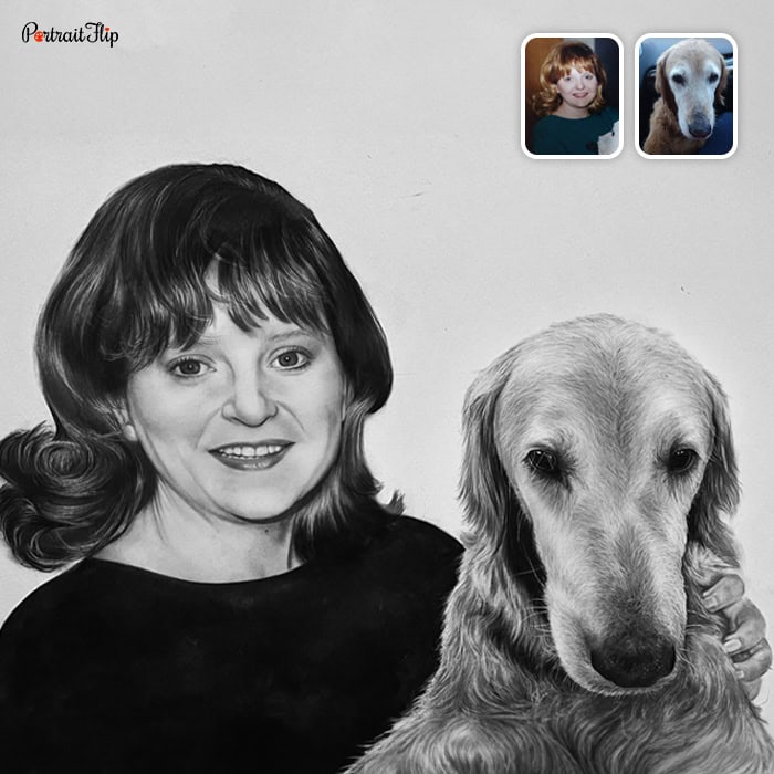 dog and lady pencil drawing