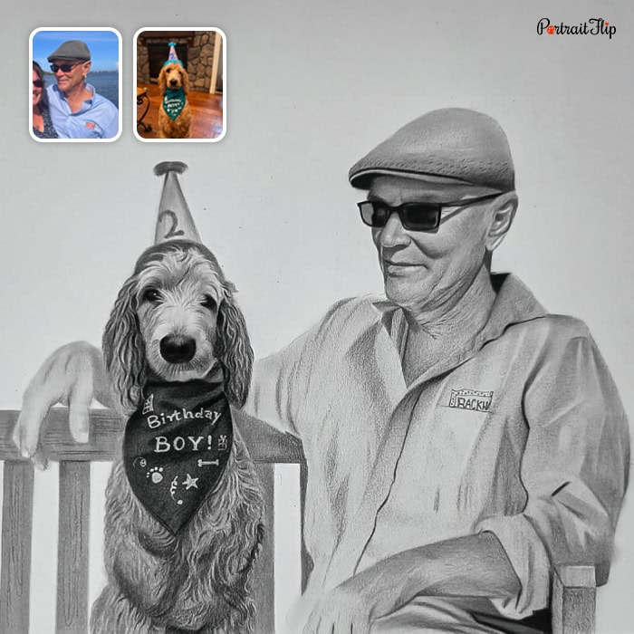 dog and old man pencil portrait