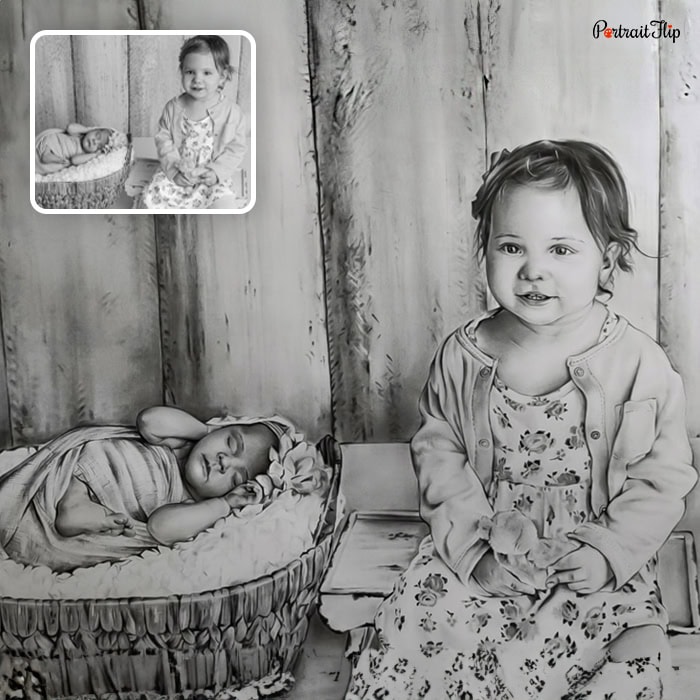 child and baby pencil sketch