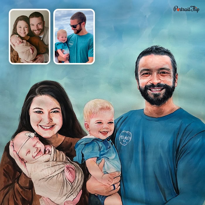 couple with kids watercolor painting