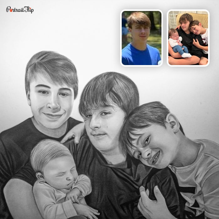 kids and baby charcoal portrait