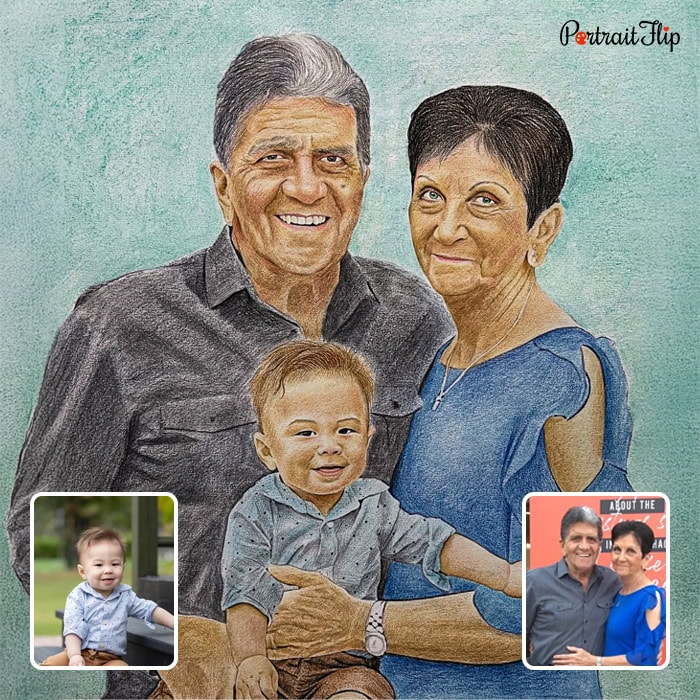 grandparents and grandson colored pencil portrait