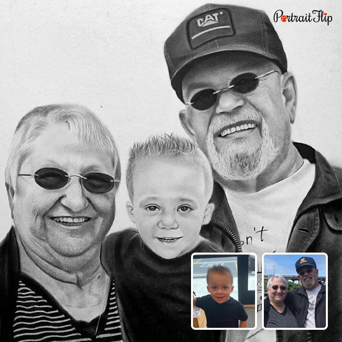 Grandparents and grandchild compilation pencil drawing