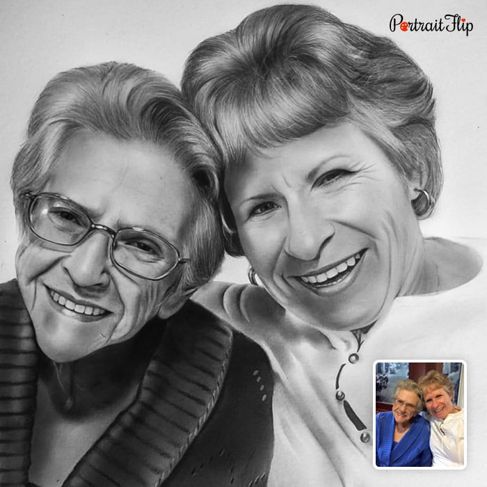 Two friends pencil portrait hand-drawn from photo