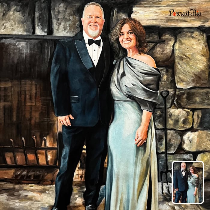 Oil painting of a couple in formal attire