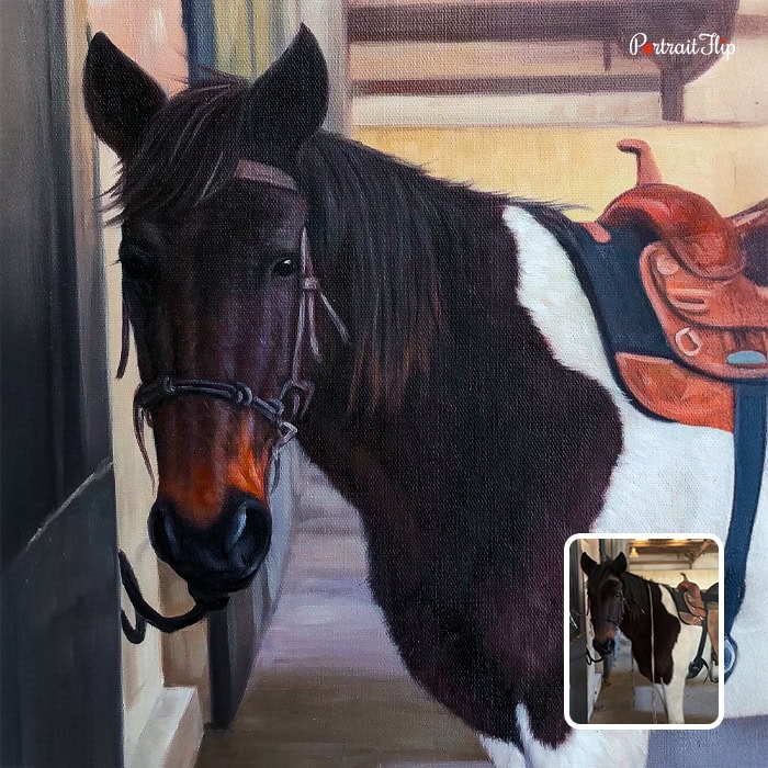 Paint horse with saddle custom oil painting from photo