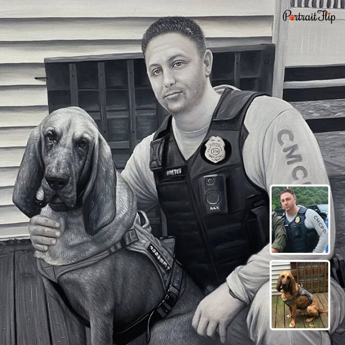 Police officer with bloodhound custom acrylic pet family portrait