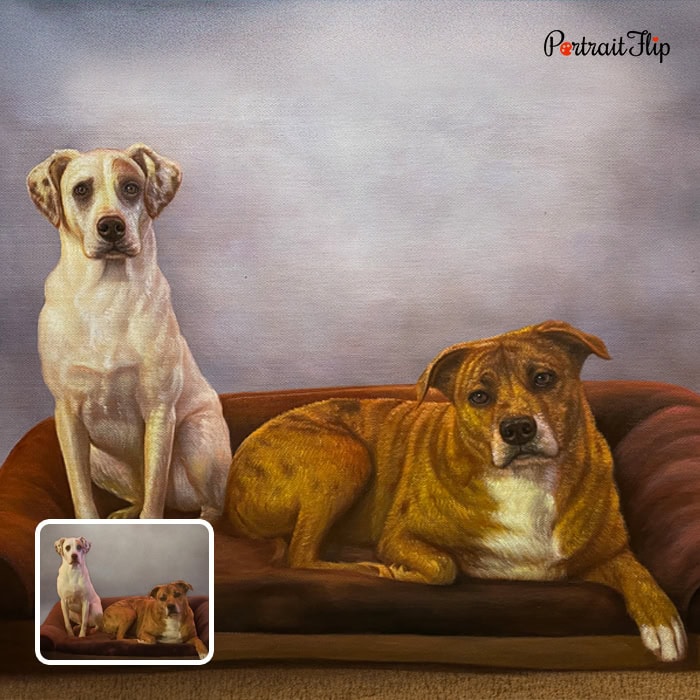 Two dogs on a couch pet memorial oil painting