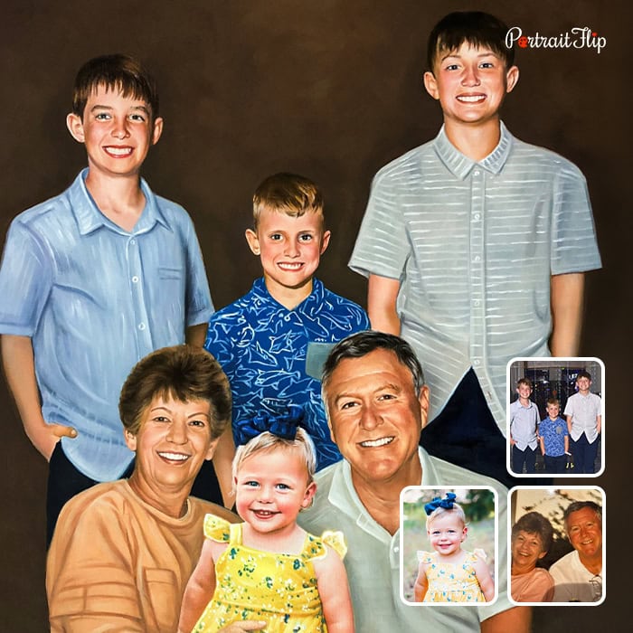 Compilation oil painting of grandparents with four grandchildren