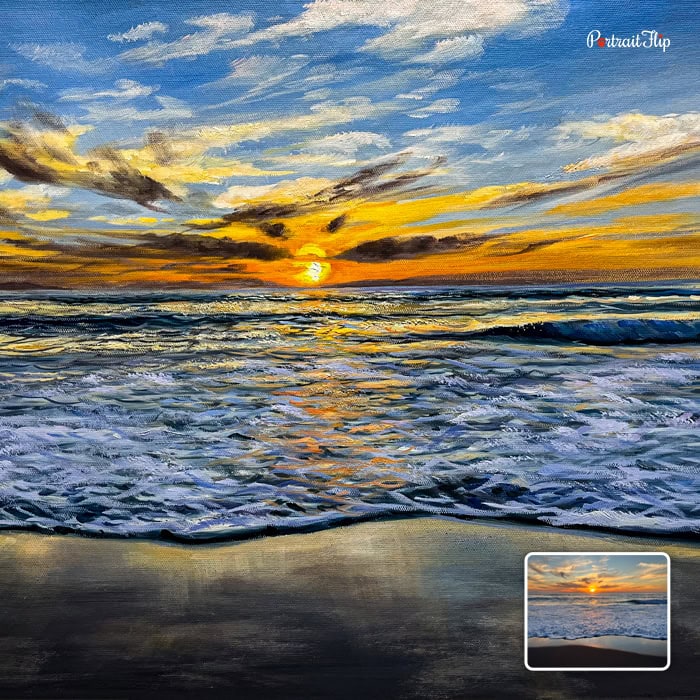 Oil painting of ocean sunset landscape